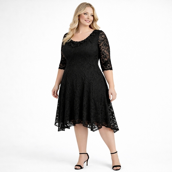 lily by firmiana Dresses & Skirts - Lily by Firmiana 2X Black Lace Sharkbite Dress Rosette Neckline